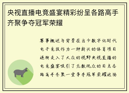 央视直播电竞盛宴精彩纷呈各路高手齐聚争夺冠军荣耀