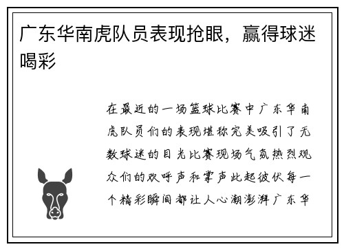 广东华南虎队员表现抢眼，赢得球迷喝彩