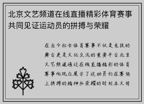 北京文艺频道在线直播精彩体育赛事共同见证运动员的拼搏与荣耀