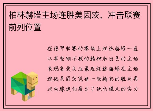柏林赫塔主场连胜美因茨，冲击联赛前列位置